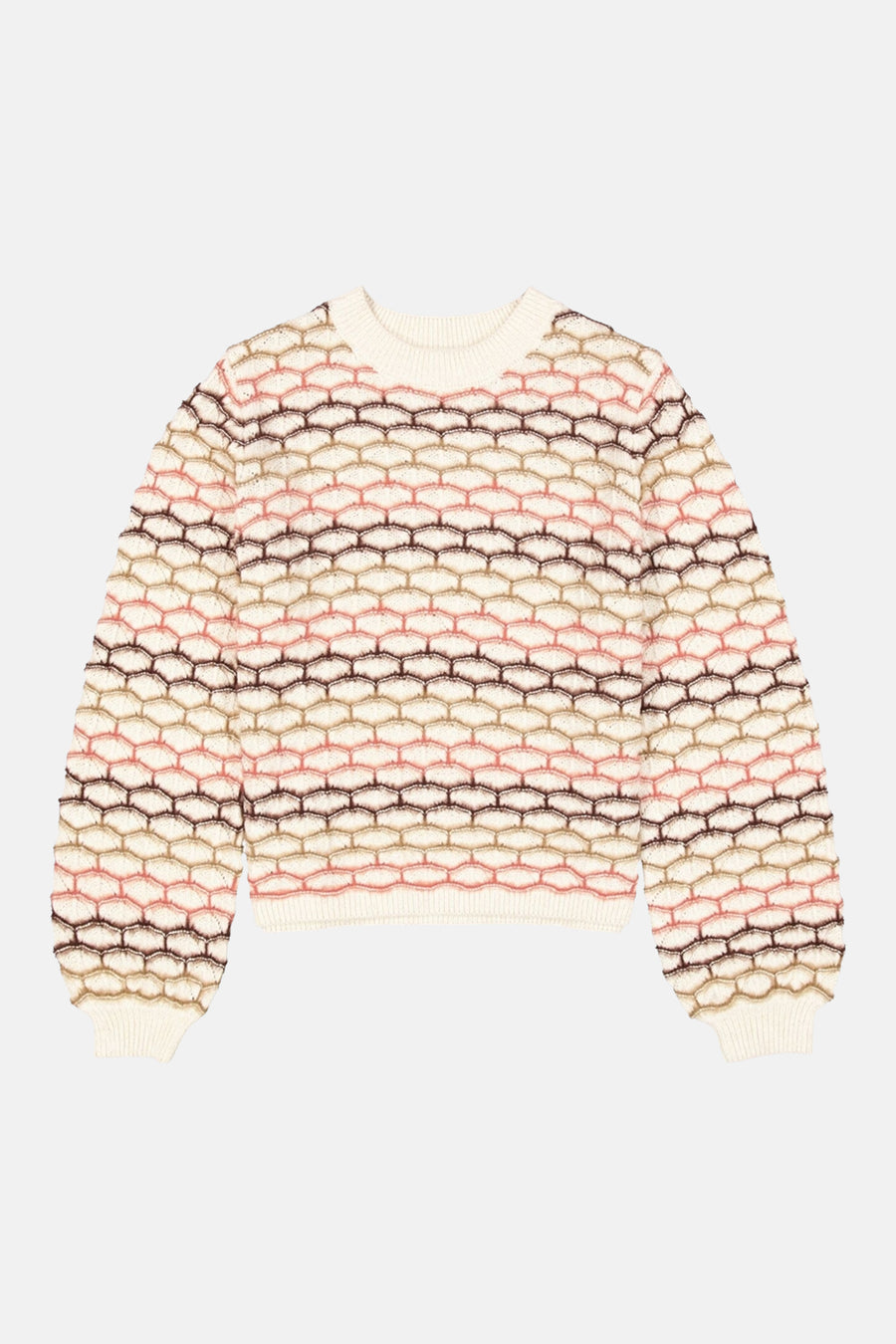 Ecru crewneck sweater with honeycomb knit pattern in cream, pink, and brown tones, front view