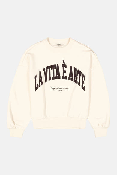 Ecru crewneck sweatshirt by Garcia with bold black arched text "LA VITA È ARTE" and smaller slogan below, ribbed cuffs and hem, front view
