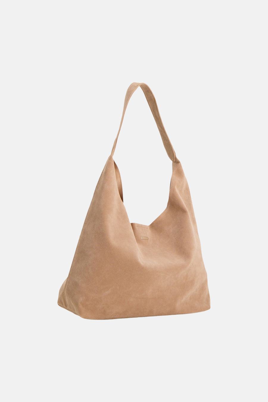 Brown suede shoulder bag with slouchy design and single strap, front view