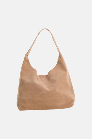 Brown suede shoulder bag with soft texture and curved top opening, front view