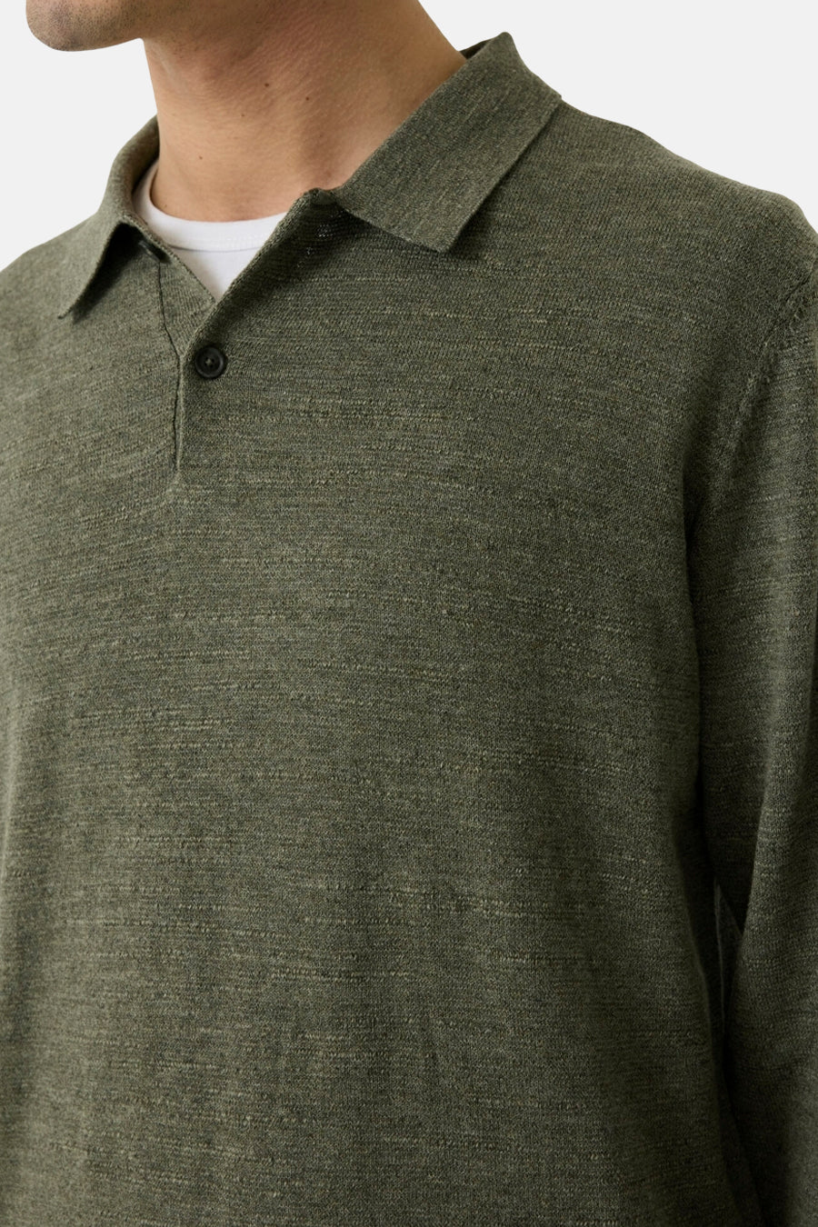 Olive green knit polo sweater with ribbed collar and single button placket, close-up front view