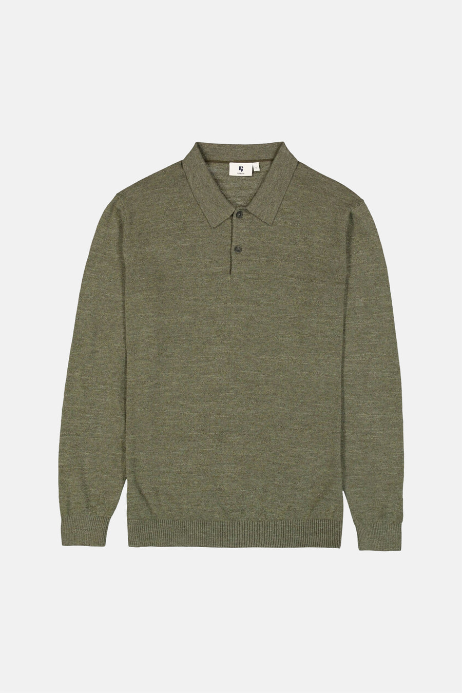 Olive green knit polo sweater with ribbed cuffs and hem, featuring a buttoned placket and collar, by Gant, front view