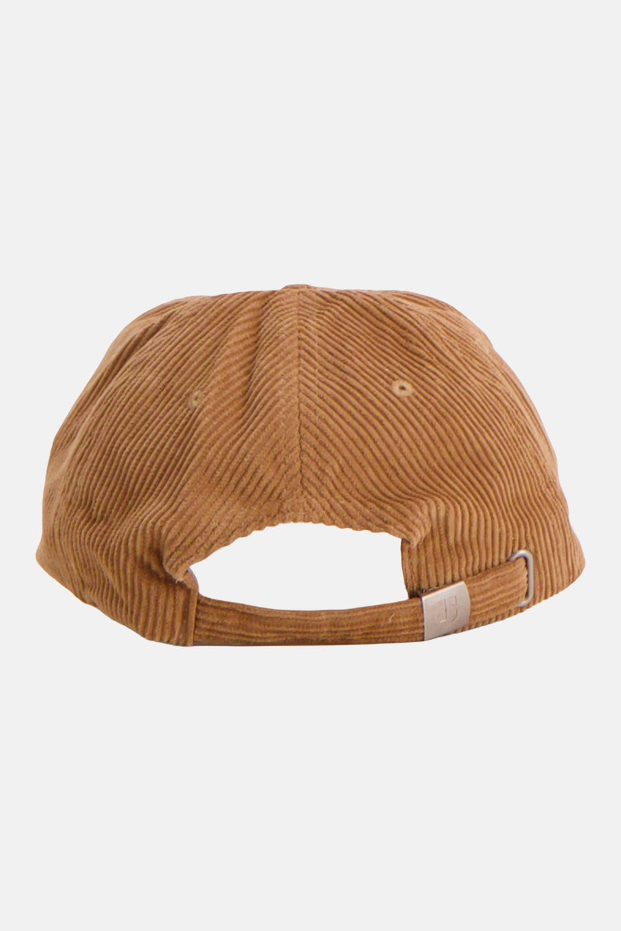Ocre corduroy baseball cap back view with silver metal buckle and ribbed texture