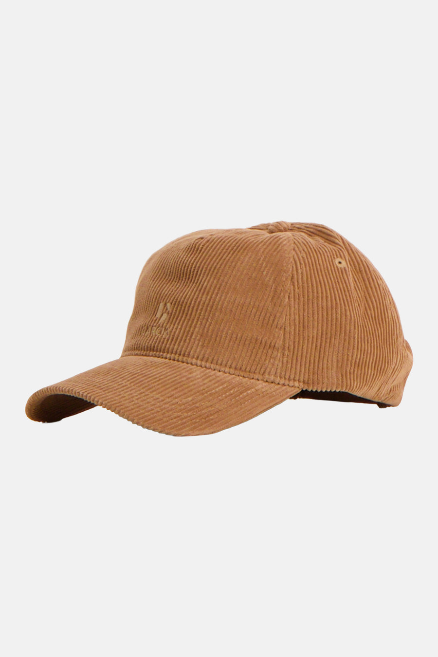 Ocre corduroy baseball cap by AIGLE, side view with ribbed texture and small embroidered logo on front panel