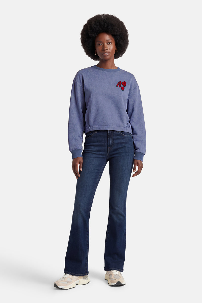 Blauwe sweater met ronde hals van ADORE, met rode letter- en hartmotieven.