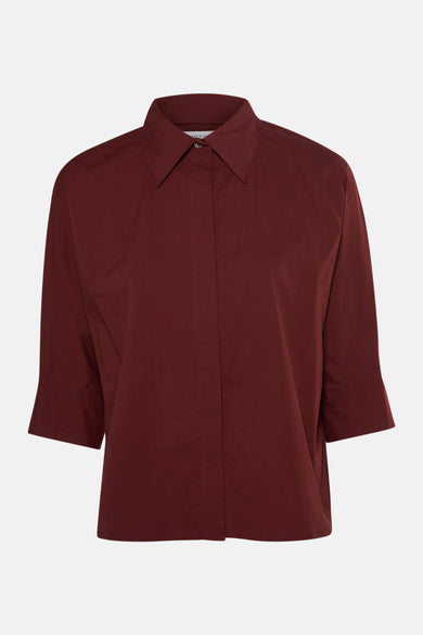 3/4 bruine blouse van TERRE BLEUE, met klassieke kraag en halflange mouwen.