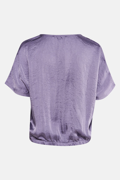 Paarse blouse met korte mouwen van TERRE BLEUE, getextureerde stof met elastische taille, achterzijde.