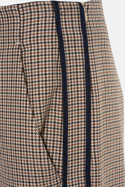 Bruin pied-de-poule geruit pantalon van TERRE BLEUE met decoratieve marineblauwe strepen en zijzak.