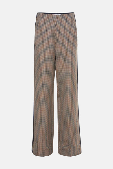Bruine broek met ruitpatroon van Terre Bleue, met een marineblauwe zijstreep.