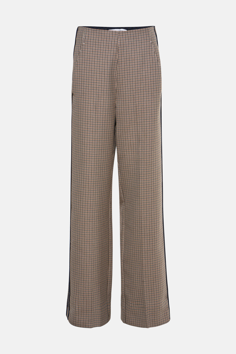 Bruine broek met ruitpatroon van Terre Bleue, met een marineblauwe zijstreep.