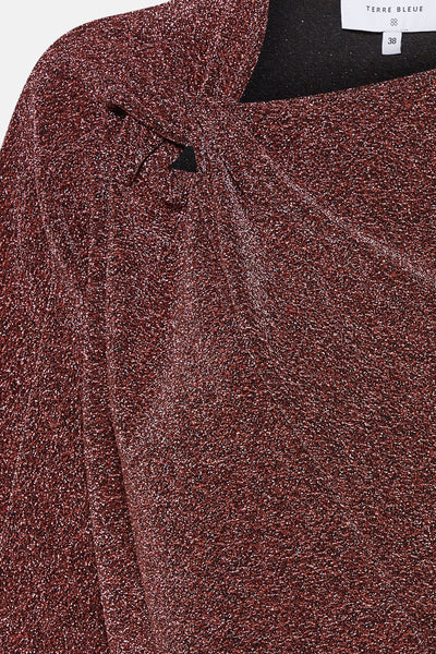 T-shirt marron à manches courtes de Terre Bleue, avec effet scintillant et détail noué à l'épaule.