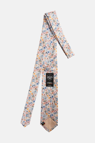 Multikleurige stropdas van MR. CELESTIN met delicate bloemenprint, pochette-detail aan de achterkant.