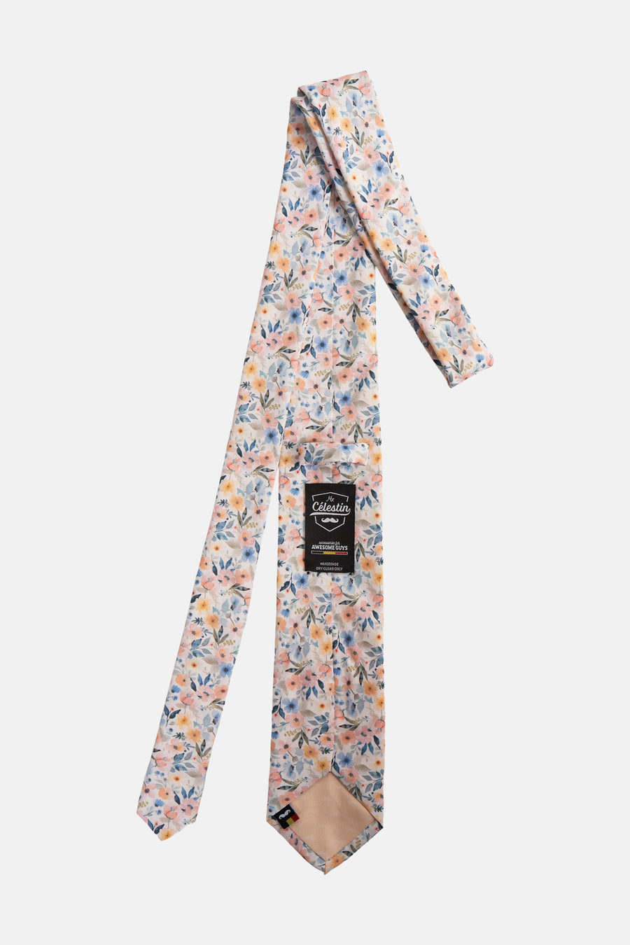 Multikleurige stropdas van MR. CELESTIN met delicate bloemenprint, pochette-detail aan de achterkant.