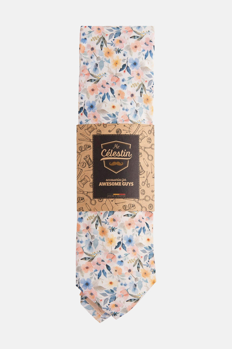 Multikleurige stropdas van MR. CELESTIN, met een delicaat bloemenpatroon in pasteltinten.