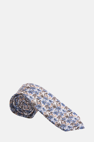 Multikleurige stropdas van MR. CELESTIN, met een blauw en bruin bloemenpatroon, om zichzelf heen gewikkeld.