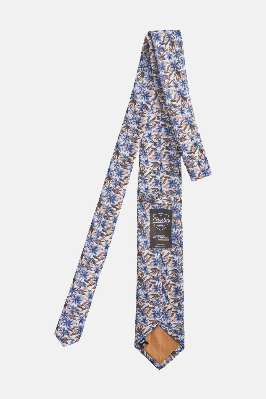 Multikleurige stropdas van MR. CELESTIN, met blauw en bruin bloemenpatroon, met zichtbare bruine voering.