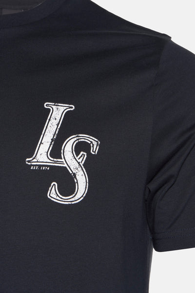 T-shirt à manches courtes bleu foncé de Lyle & Scott avec logo vintage imprimé.