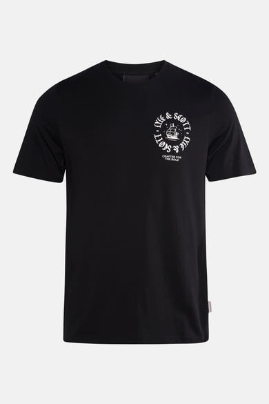 Zwart T-shirt met korte mouwen van LYLE & SCOTT, met een witte grafische print op de borst.