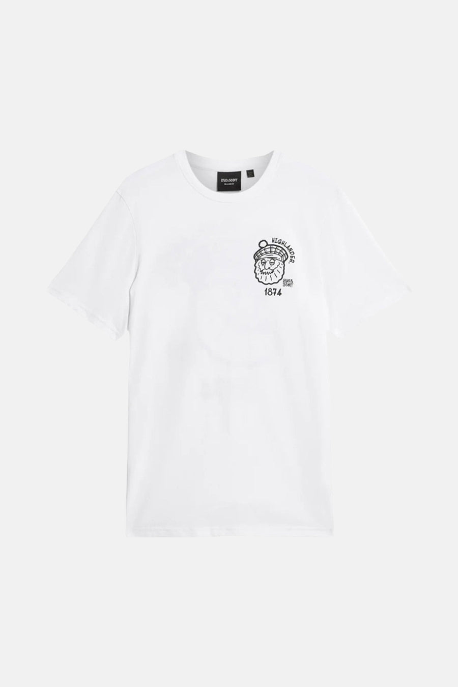 Wit T-shirt met korte mouwen van LYLE & SCOTT, versierd met een zwart Highlander-motief.