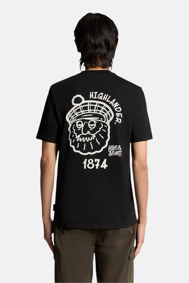 T-shirt à manches courtes bleu foncé de Lyle & Scott avec motif imprimé au dos.
