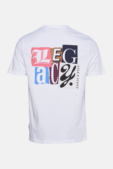 T-shirt blanc à manches courtes de Lyle & Scott, avec imprimé graphique coloré au dos.