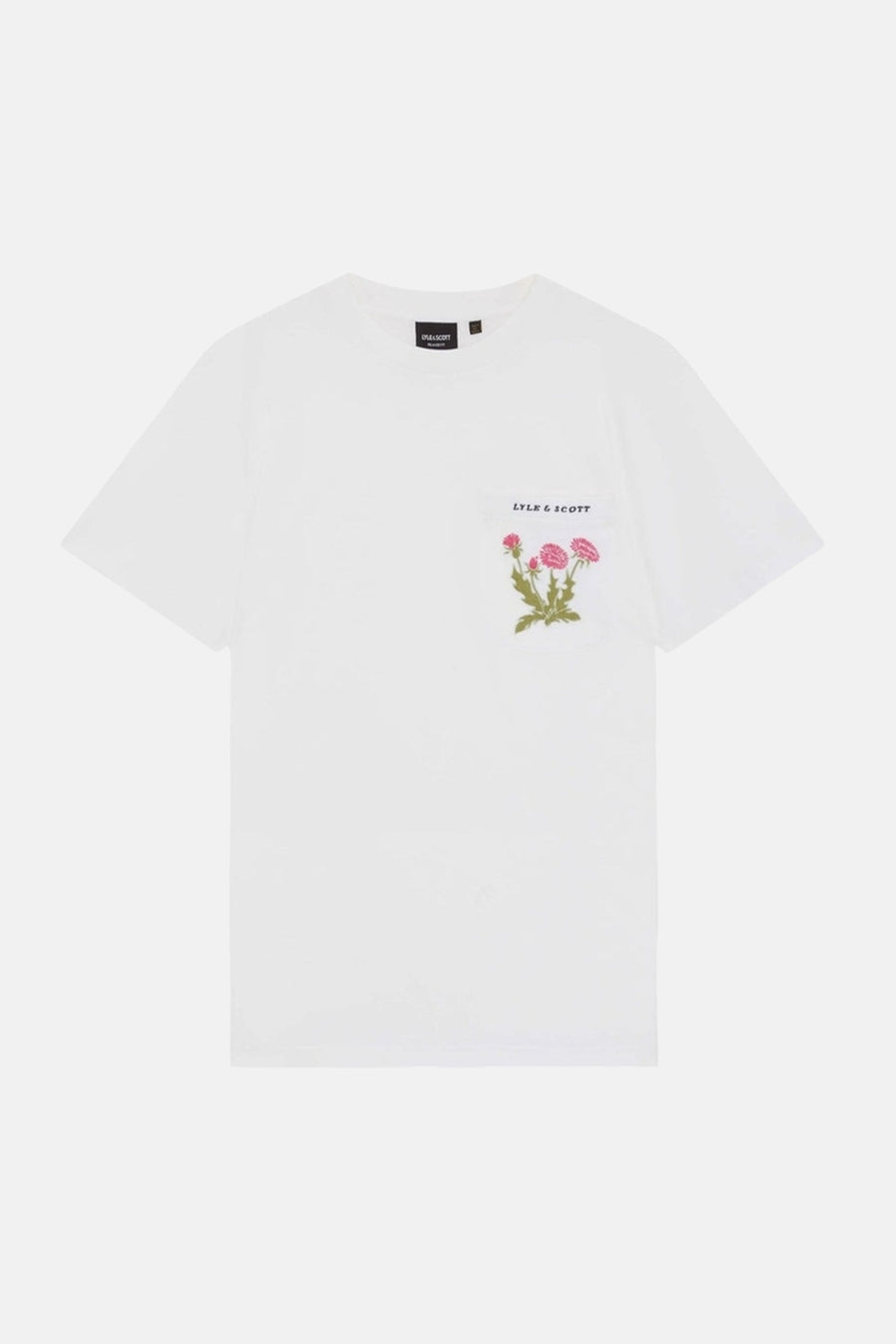 T-shirt blanc à manches courtes de LYLE & SCOTT avec logo et poche brodée de fleurs roses et vertes.