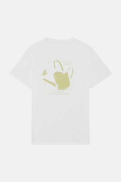 T-shirt blanc de LYLE & SCOTT, dos avec un imprimé graphique d'un schéma d'arrosoir.