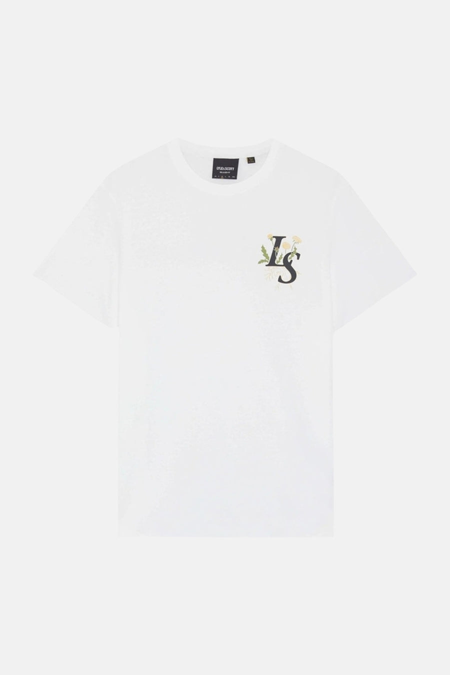 Wit T-shirt van LYLE & SCOTT met "LS" bloemenprint op de borst en merklabel in de nek.