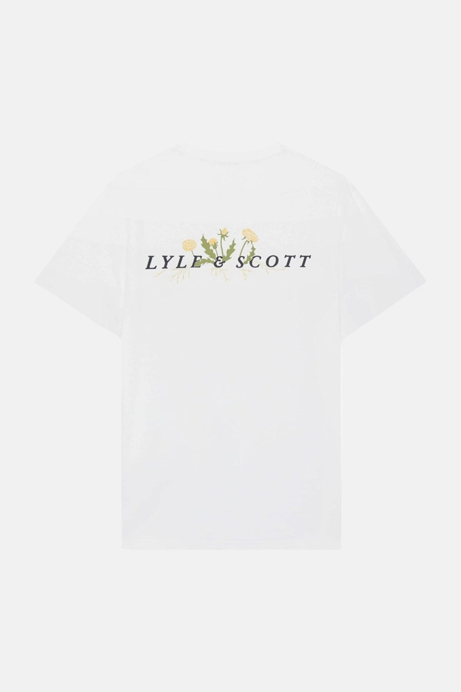 Wit T-shirt van LYLE & SCOTT met een geel paardenbloemmotief en de merknaam op de rug gedrukt.