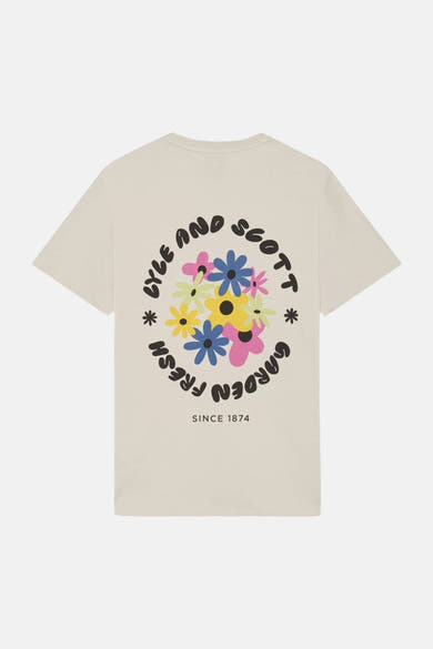 Ecru T-shirt van LYLE & SCOTT, met een kleurrijke bloemenprint en tekst op de achterkant.