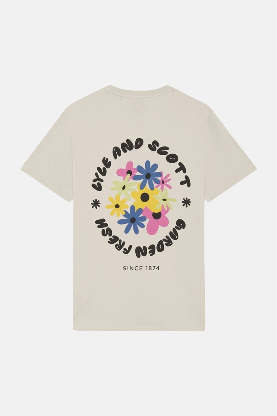 Ecru T-shirt van LYLE & SCOTT, met een kleurrijke bloemenprint en tekst op de achterkant.