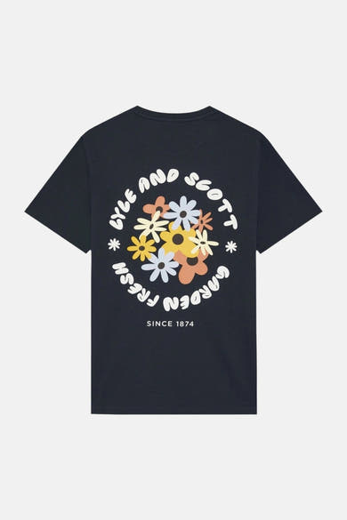 T-shirt bleu marine de LYLE & SCOTT, dos orné d'un motif circulaire de fleurs colorées et du texte "Fresh Garden".