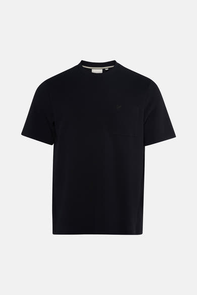 Black short-sleeve t-shirt with chest pocket and subtle embroidered logo, front view