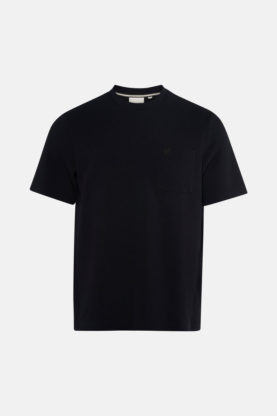 Black short-sleeve t-shirt with chest pocket and subtle embroidered logo, front view