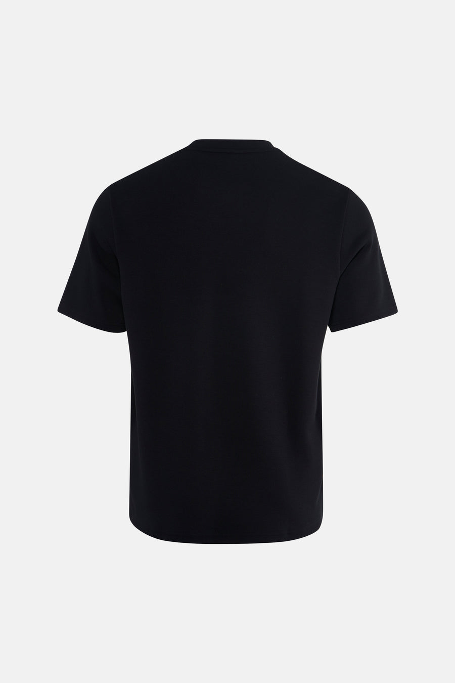 Black short-sleeve t-shirt back view, plain cotton fabric, simple round neckline, no visible logos or patterns.
