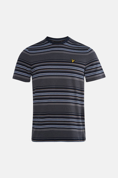 Multicolored striped short-sleeve t-shirt by Lyle & Scott, featuring navy, blue, white, and brown horizontal stripes with small yellow eagle logo on chest, front view.
