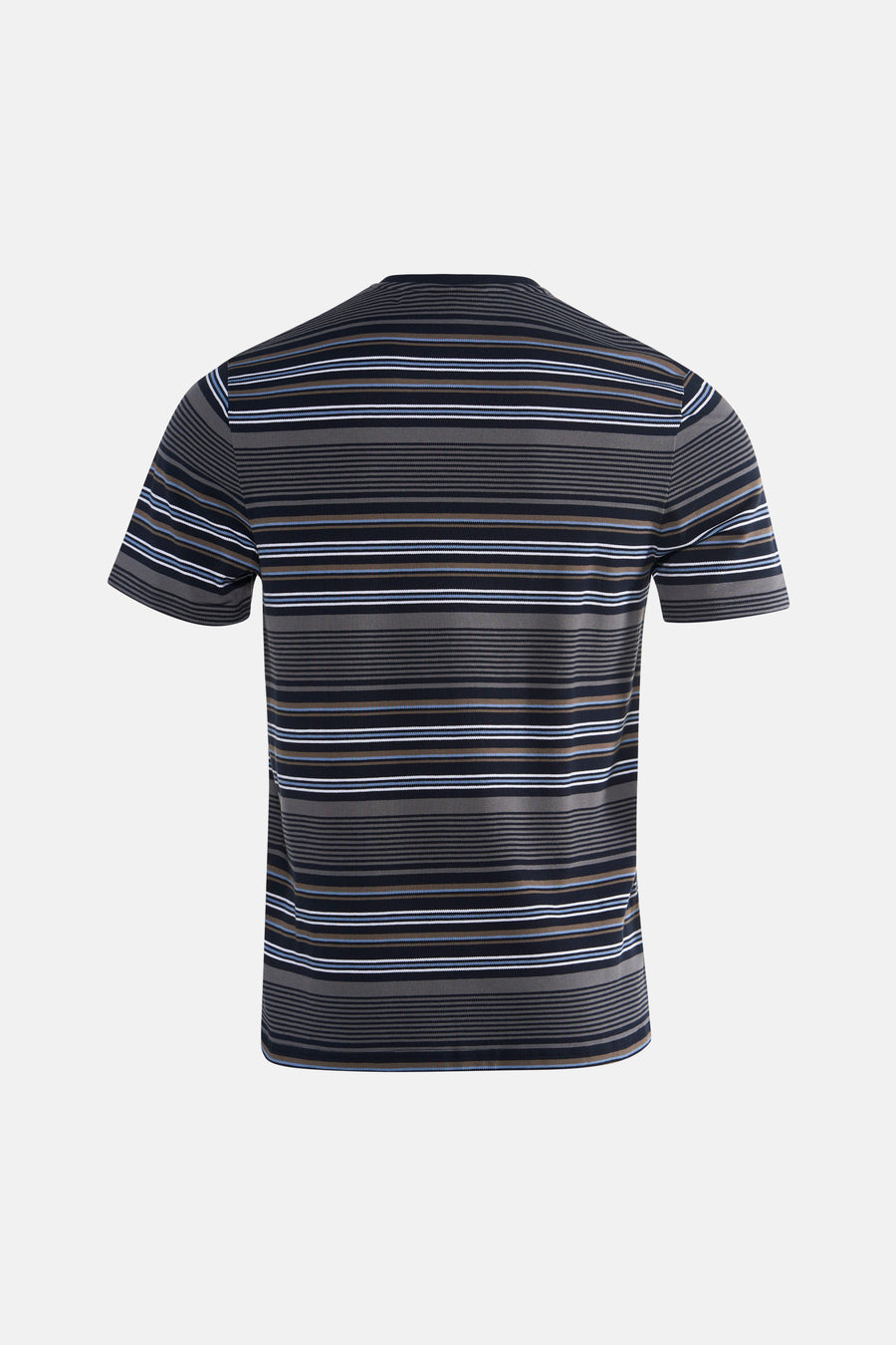 Multicolored short-sleeve striped T-shirt with navy, gray, blue, and white horizontal bands, back view, textured knit fabric