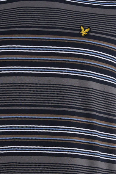 Multicolored striped short-sleeve t-shirt with navy, gray, blue, and white horizontal bands, featuring a small golden eagle embroidery on the chest.