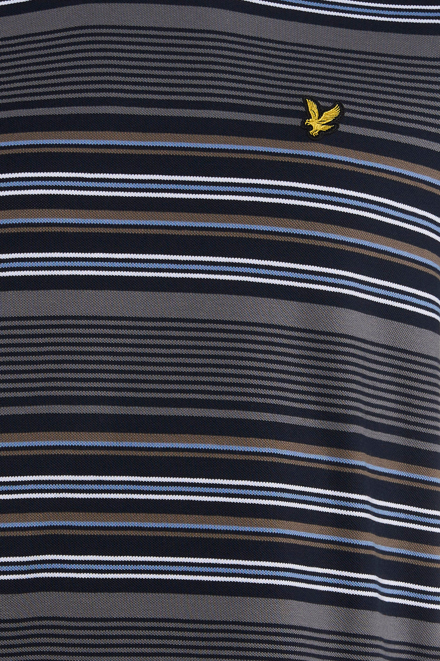 Multicolored striped short-sleeve t-shirt with navy, gray, blue, and white horizontal bands, featuring a small golden eagle embroidery on the chest.