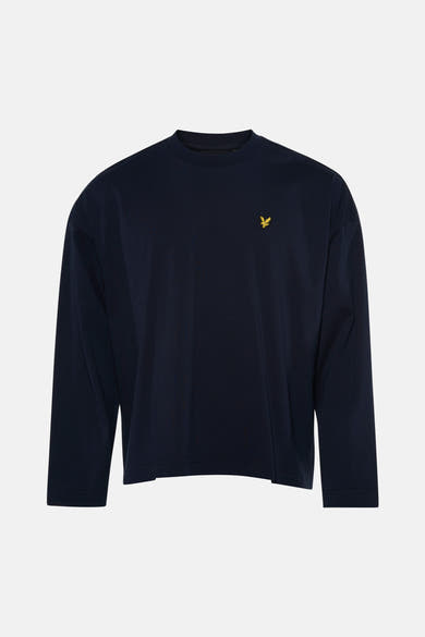Navy long-sleeve t-shirt with ribbed texture and small gold eagle embroidery on chest, front view