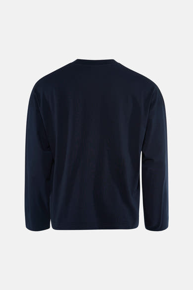 Navy long-sleeve t-shirt with ribbed crew neck and relaxed fit, back view, smooth cotton texture