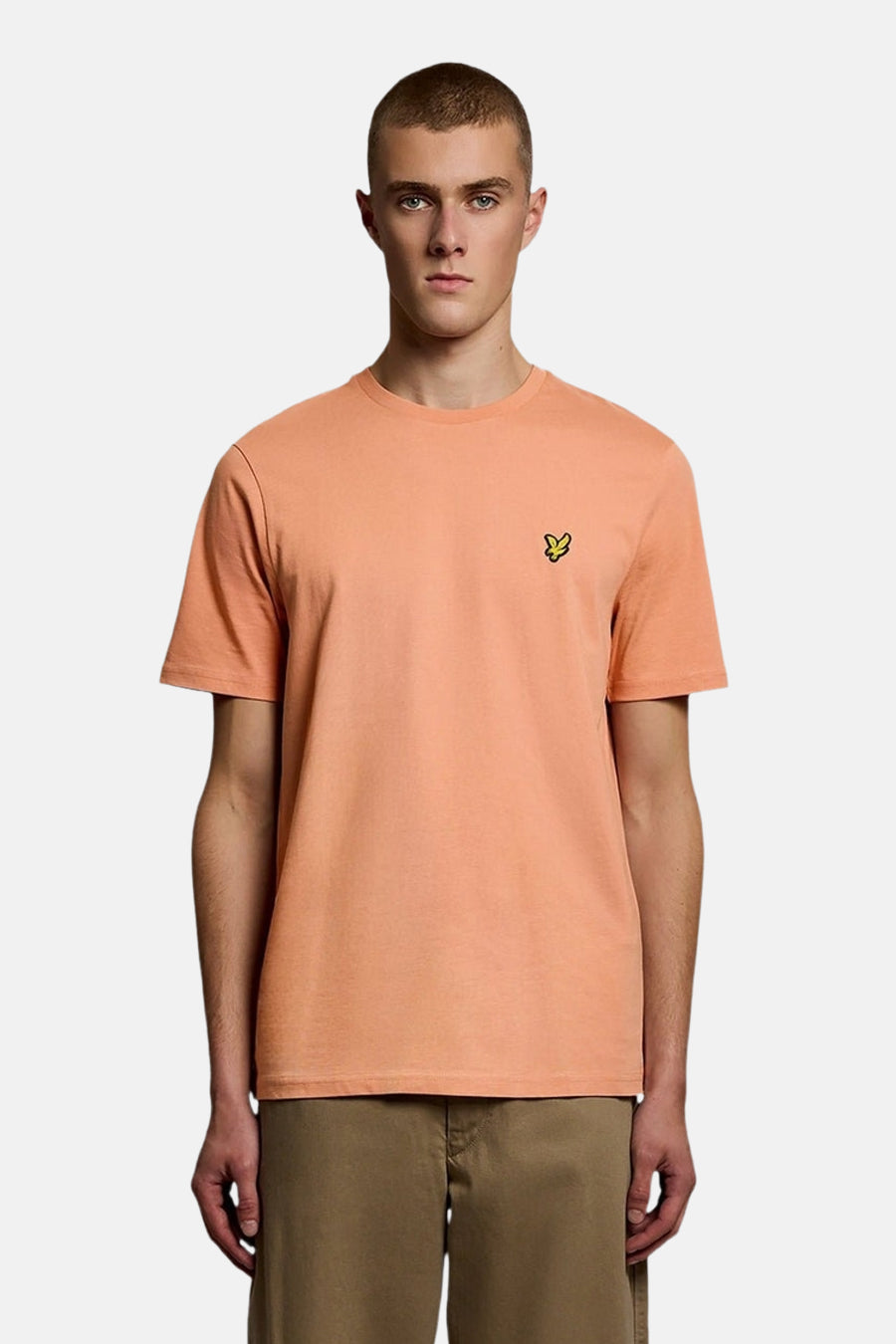 Effaalkleurig T-shirt van LYLE & SCOTT, achterkant, gedragen door een man met een kaki korte broek.
