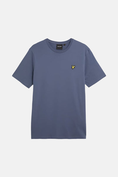 T-shirt bleu à manches courtes de LYLE & SCOTT avec logo jaune brodé sur la poitrine.