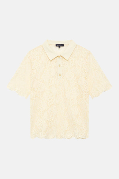 Polo jaune de CAROLL en dentelle à manches courtes, avec col et boutonnage.