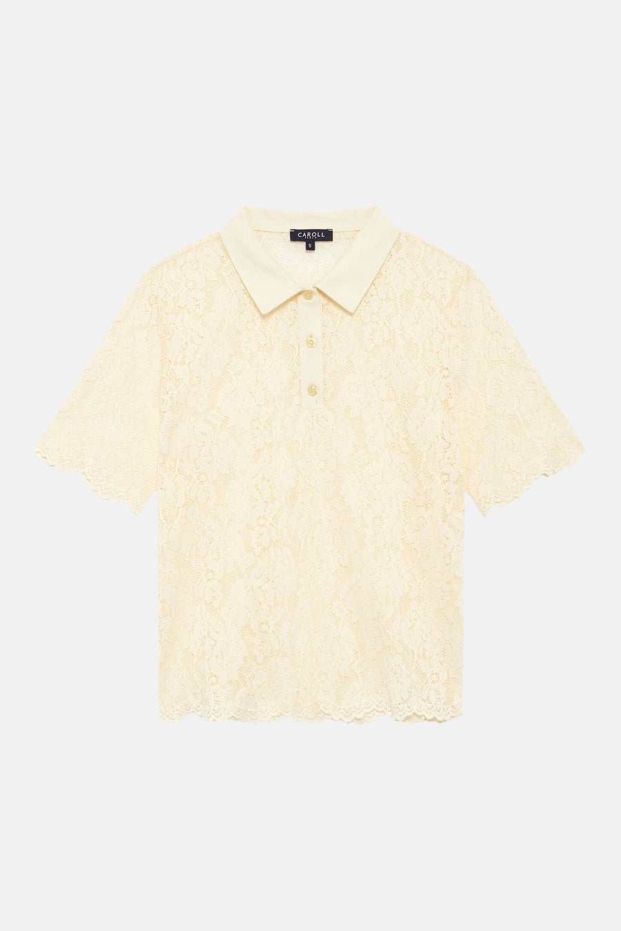Polo jaune de CAROLL en dentelle à manches courtes, avec col et boutonnage.
