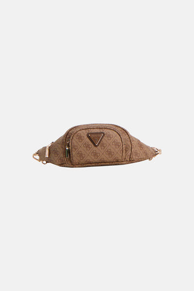 Bruine Guess schoudertas met all-over herhalend logo-patroon.
