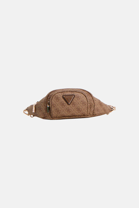 Sac à bandoulière brun de Guess, avec motif monogramme et détails dorés.