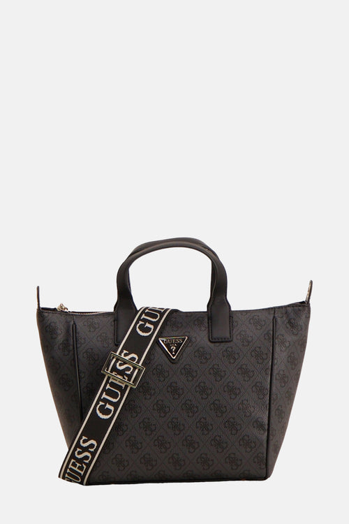 Zwarte Guess handtas met herhaald logo patroon en korte hengsels.