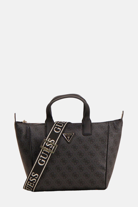 Zwarte Guess handtas met herhaald logo patroon en korte hengsels.