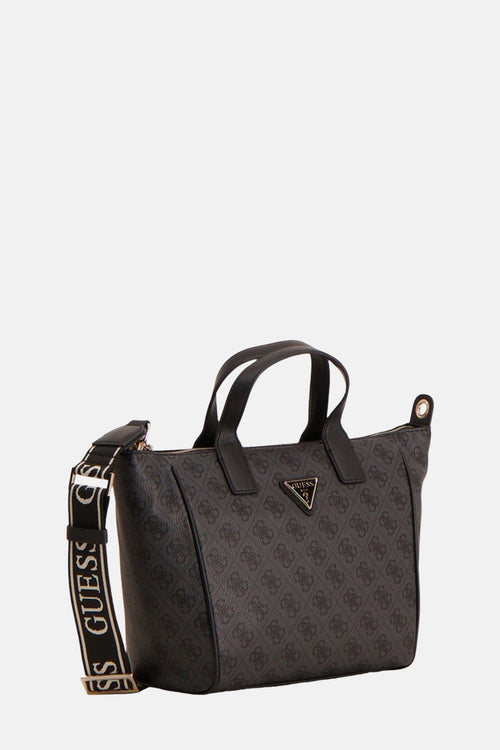 Zwarte Guess handtas met schouderriem met merklogo, bedrukt patroon.